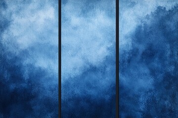 Fototapeta premium 3 simple, minimalistic blue watercolor paintings depicting fog on a textured background. The artwork consists of three vertical canvases with empty space between each one.