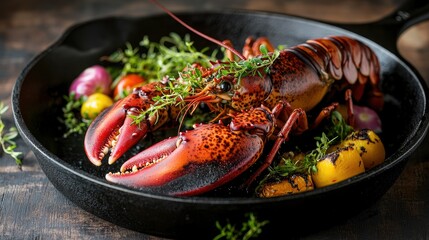 An inviting presentation of a broiled whole Maine lobster accompanied by a side of seasonal vegetables in a cast iron pan, captured in a modern setting with dark,