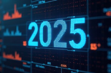 Fototapeta premium 2025 year shining on digital display showing analytics charts
