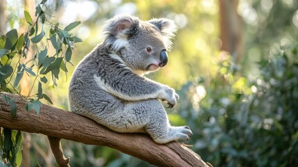 Fototapeta premium A Koala in its natural habitat, sitting on a eucalyptus branch, surrounded by nature, with room for text or branding.