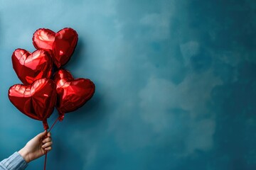 Female hand holding red heart shaped balloons on blue background