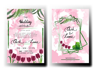 Wedding invitation with pink watercolor background and tulip flower theme. With leaf decoration.
