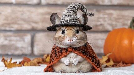 Obraz premium A cute hamster dressed as a wizard with a tiny hat and cloak, surrounded by autumn leaves and a pumpkin for a festive look.