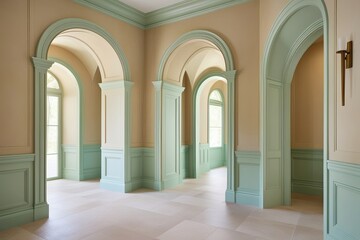 Contemporary Beige and Pastel Green Wallpaper Featuring Arched Doorways for Serene Spacious Interiors