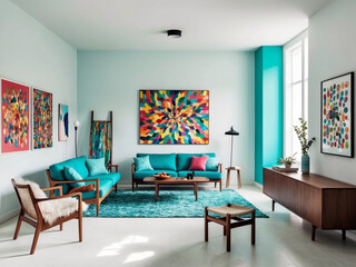 Turquoise Mid Century Living Room with Vibrant Wall Art