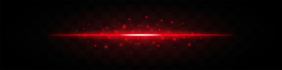 Horizontal red laser beam with scattered glowing particles isolated on a transparent background. Bright energy effect, ideal for sci-fi, futuristic themes, or digital graphic design.