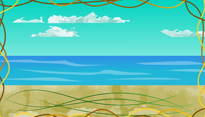 Watercolor beach background light blue sky and clouds with watercolor. with gold border