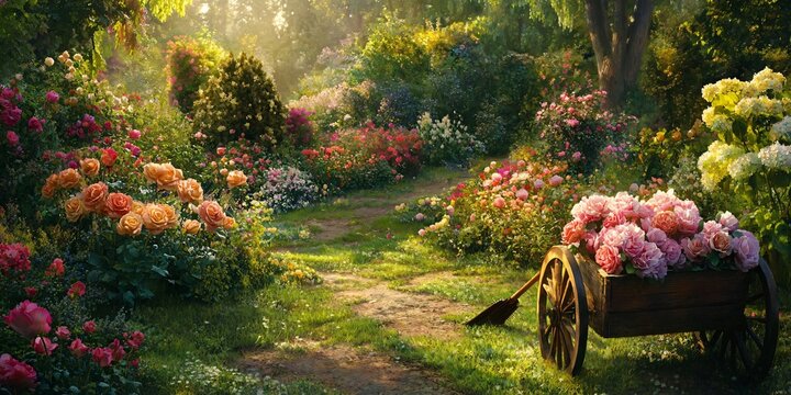 A wooden wagon with a bouquet of pink roses is parked on a path through a lush rose garden. The sun shines through the trees, creating a warm and magical atmosphere.
