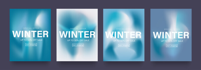 Winter Gradient Design. Set Fluid Texture with Blue, White Colors. Background Retro Art for Advertising, Web, Social Media, Poster, Banner, Cover. Sale offer 50%. Vector Illustration