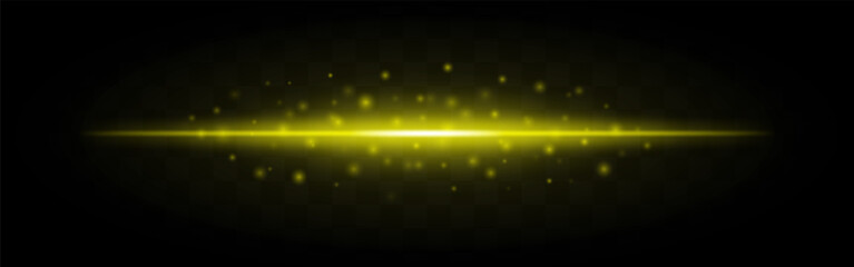 Horizontal golden laser beam with scattered glowing particles isolated on a transparent background. Bright energy effect, ideal for sci-fi, futuristic themes, or digital graphic design.