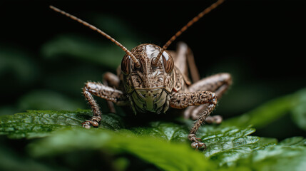 detailed close up of brown grasshopper on green leaves, showcasing its intricate features and