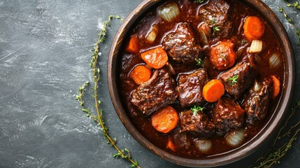 Beef ribs Bourguignon in a deep ceramic dish, with vibrant carrots, onions, and a dark red wine sauce, captured from above on a grey textured table with scattered thyme.