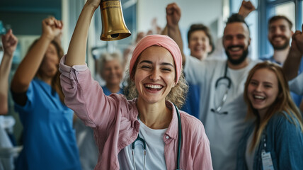 A survivor ringing the bell after completing cancer treatment, with family and medical staff cheering in the background, capturing hope and celebration. Ai generated