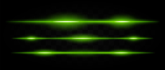 Multiple horizontal green laser light beams with glowing effects on a transparent background. Perfect for sci-fi, technology, and futuristic designs.