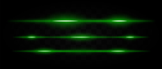Multiple horizontal green laser light beams with glowing effects on a transparent background. Perfect for sci-fi, technology, and futuristic designs.