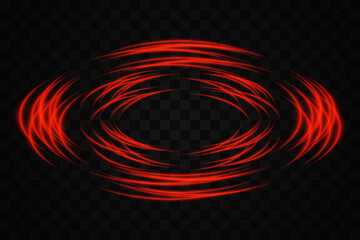 Abstract red neon light rings arranged in a circular, overlapping pattern on a transparent background. Ideal for futuristic, tech, or sci-fi themed designs.