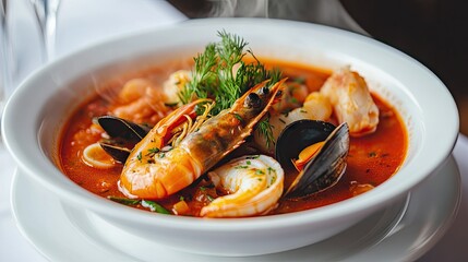 Close-up of a steaming bowl of bouillabaisse, showcasing the rich red tomato soup filled with seafood, elegantly served in a white plate atop a white tablecloth for a gourmet touch.