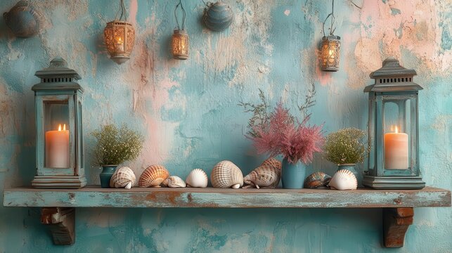 beach ceremony decor featuring seashells and lanterns elegantly arranged on a vintage shelf against a pastel wall exuding a relaxed coastal vibe perfect for summer celebrations and events