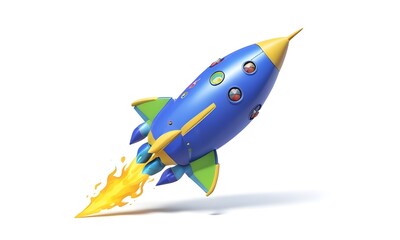 A cartoon rocket ship with a flame at the bottom, floating against a white background