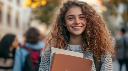 A girl with curly hair is smiling and holding a brown book