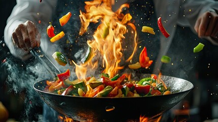 Closeup of a chef tossing a colorful vegetable mix from a wok, flames rising dramatically from the pan. Vibrant ingredients flying in mid-air, set against a dark background.
