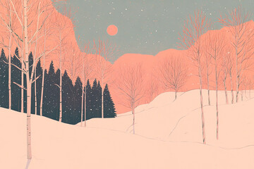 pastel color illustration of a winter landscape with warm rose pink orange details christmas walk in color block pencil hand drawn style minimalist grunge texture for card/print/cover 