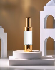 Gold bottle on white podium