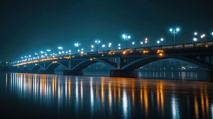 A bridge at night, with bright streetlights glowing along its length, creating a reflection on the water below.