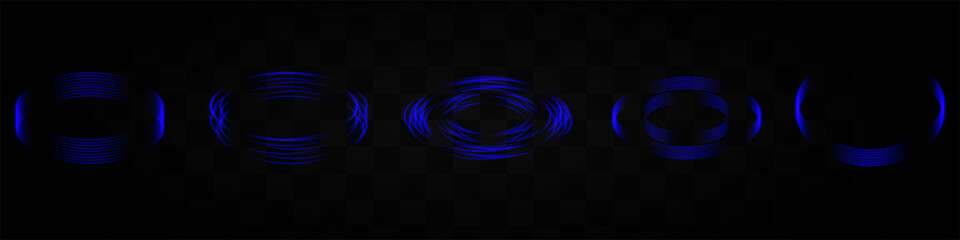 Set of blue neon light rings forming various patterns on a transparent background. Ideal for tech, sci-fi, or digital design elements.