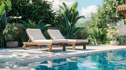 Two sun loungers by the pool in the garden