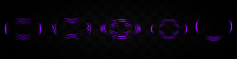 Set of purple neon light rings forming various patterns on a transparent background. Ideal for tech, sci-fi, or digital design elements.