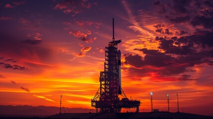 Majestic space rocket on launch pad against a stunning sunset sky of orange and purple hues