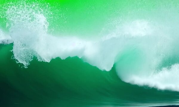a large water wave heading towards the camera on a green background