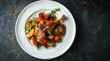 Closeup, top view of duck confit with crispy skin, served with roasted vegetables on a white plate, placed on a dark textured background for contrast.