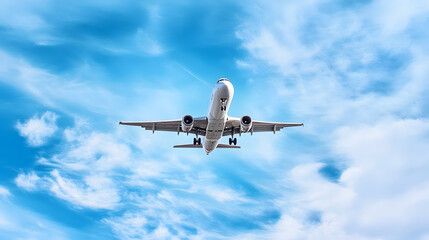 Naklejka premium Panoramic Background with flying plane in blue sky