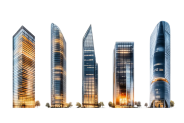 Modern skyscrapers, futuristic architecture, glass and steel buildings, illuminated facades, urban skyline, golden hour lighting, sleek design, tall towers, city landscape, innovative structures, PNG