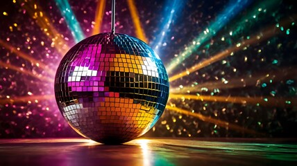 Obraz premium Colorful disco ball with vibrant lighting effects, set against a party backdrop for a festive event, with ample space for text.