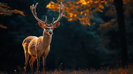 A majestic deer stands illuminated by cinematic lighting in a dense forest at night, creating a mysterious and enchanting wildlife scene.