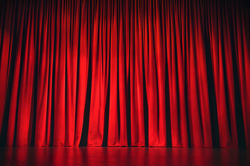 Closed red curtain of stage in spotlight before show.
