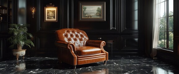 Elegant Leather Armchair in a Luxurious Black and Brown Interior