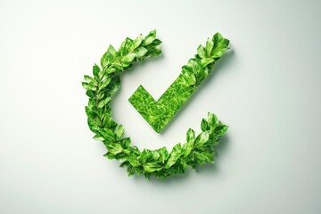 A checkmark icon made of green leaves and branches, symbolizing eco-friendliness and sustainability.