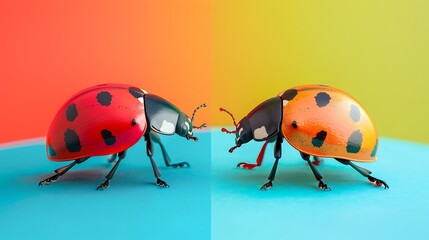 Fototapeta premium Two toy ladybugs look at each other bright colored background