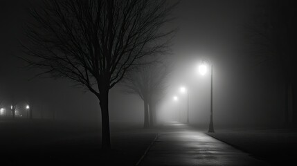 A fog-covered street at night, with only the streetlights providing faint illumination in the mist.