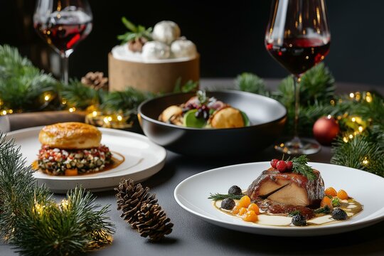Elegant festive dining with gourmet dishes and red wine, perfect for holiday celebrations and culinary photography.
