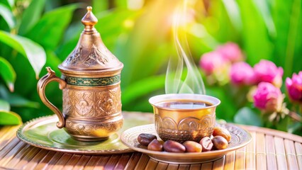 Fototapeta premium Elegant cup of steaming coffee with brass pot and dates on a decorative tray in a lush garden setting