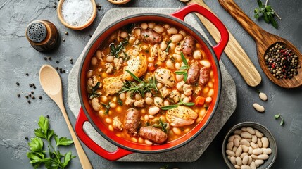 Top view of a red pot filled with hearty cassoulet featuring chicken breast, sausages, and white beans, arranged on a grey concrete table with ingredients and wooden spoons.