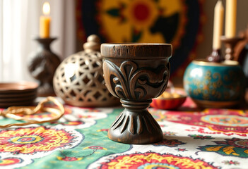 Close-Up of Traditional Wooden Kwanzaa Unity Cup on Festive Table
