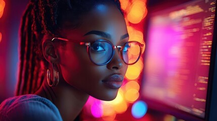 black woman it developer immersed in coding on her computer in a modern techsavvy office illuminated by screens and ambient light