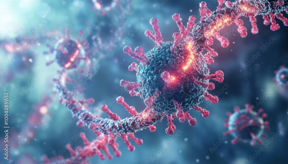 Poster microscopic view of a chain of coronavirus particles