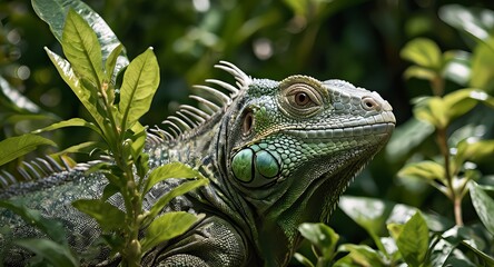 Obraz premium Iguana Among Green Leaves in Tropical Jungle